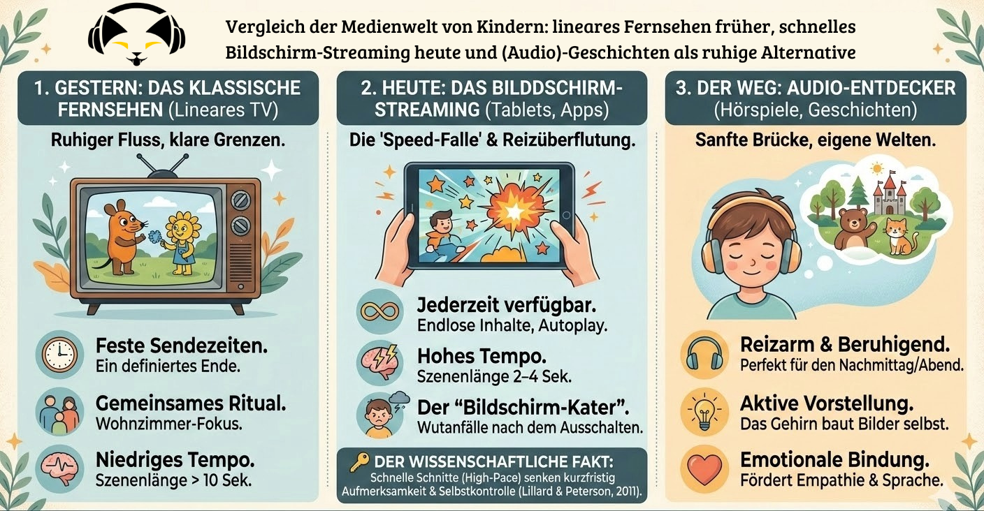 Infografik zum Vergleich der Medienwelt von Kindern: klassisches Fernsehen früher, modernes Streaming heute und Audio-Geschichten als ruhige Alternative.
