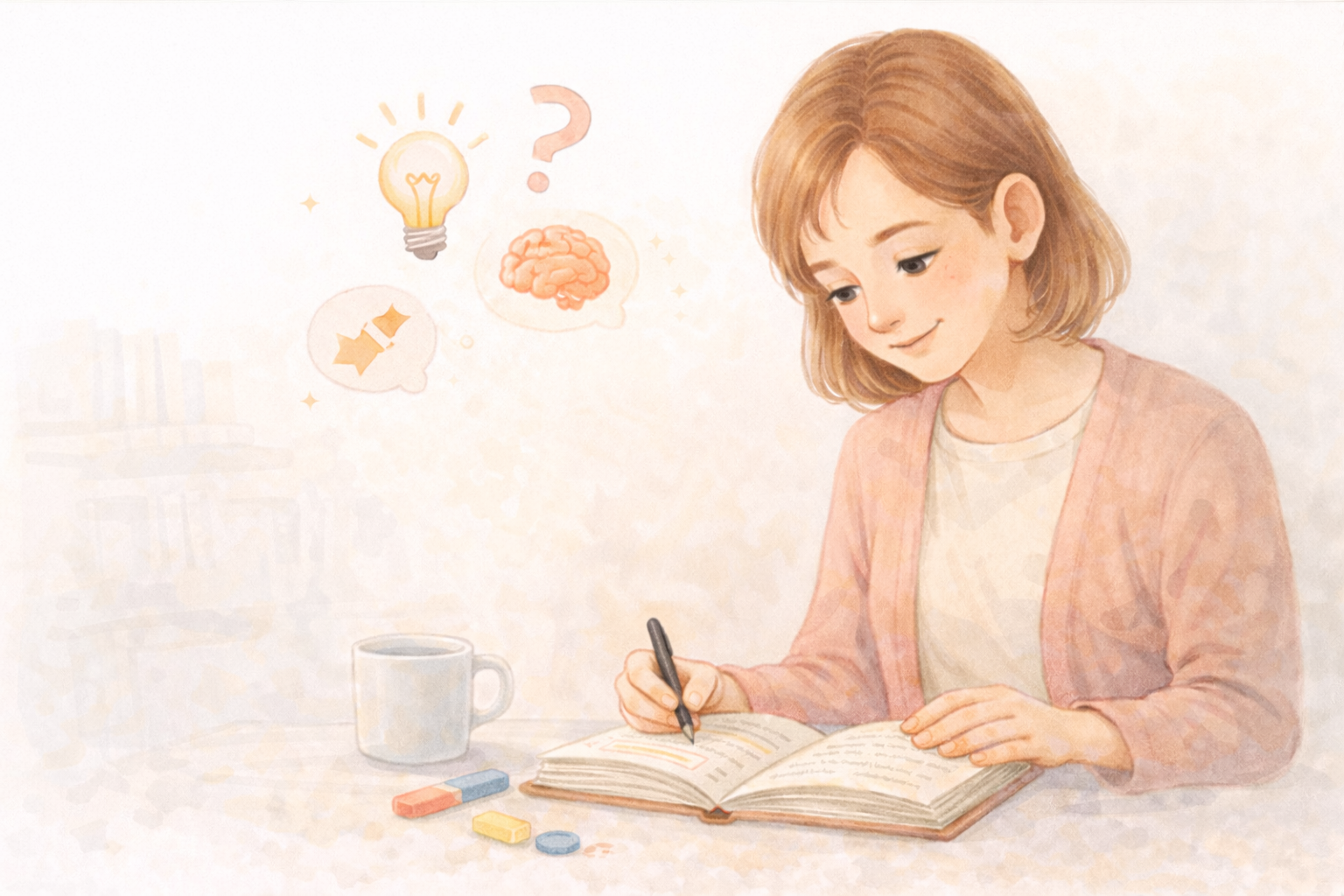 Eine Mutter schreibt in ein Buch, umgeben von Symbolen wie Glühbirne, Gehirn und Fragezeichen