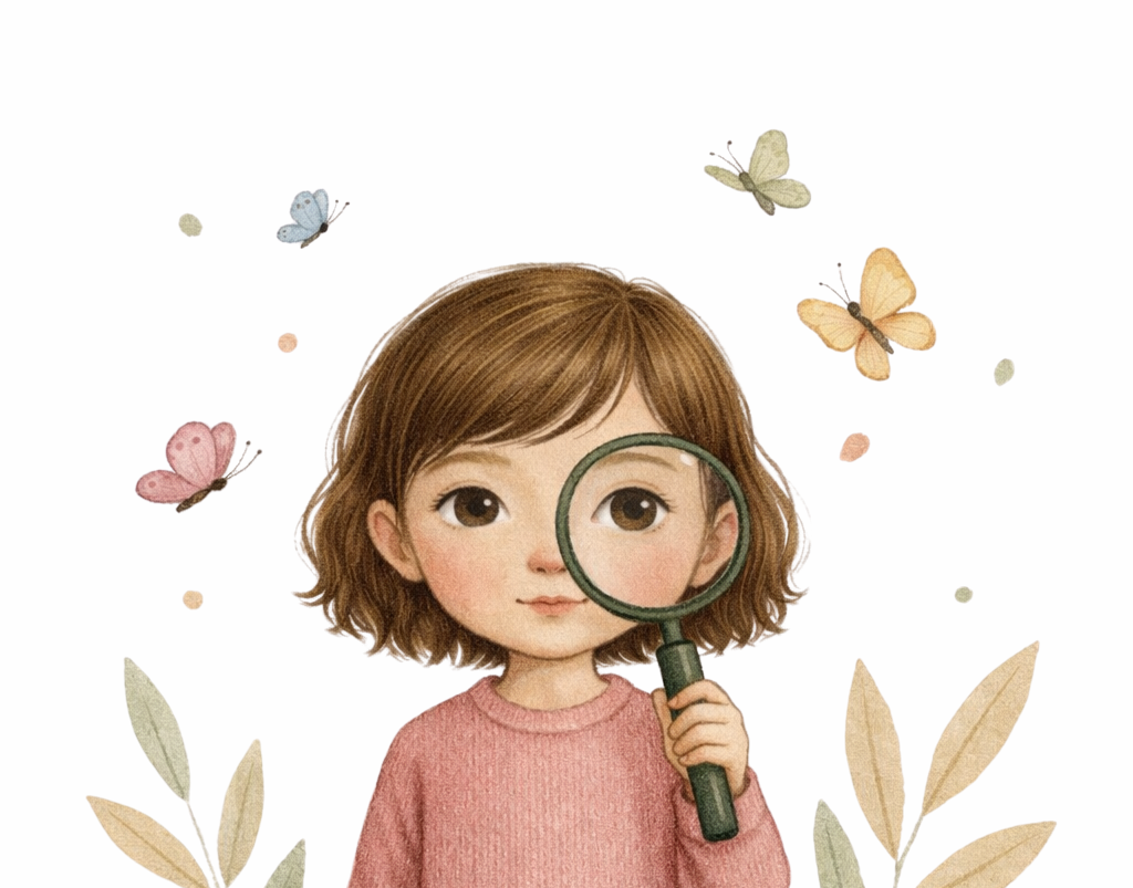 Ein Kind blickt neugierig durch eine Lupe, umgeben von Schmetterlingen