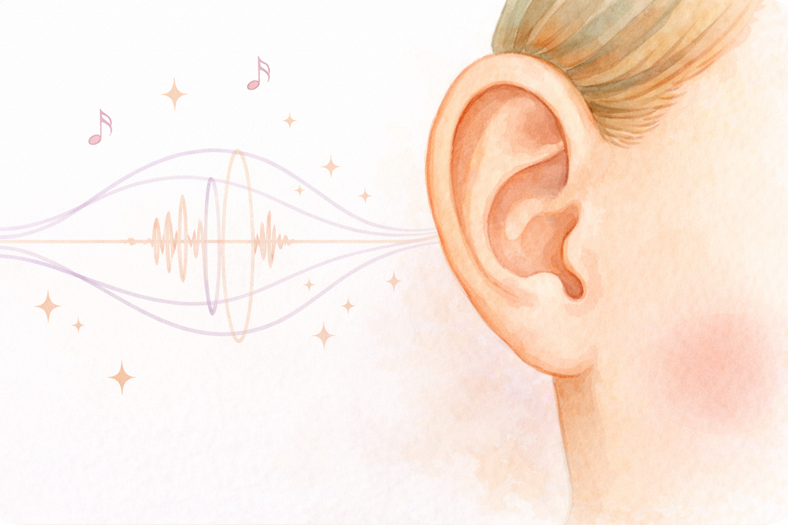 Kinderohr mit Schallwellen und Musiknoten - Symbol für aufmerksames Zuhören