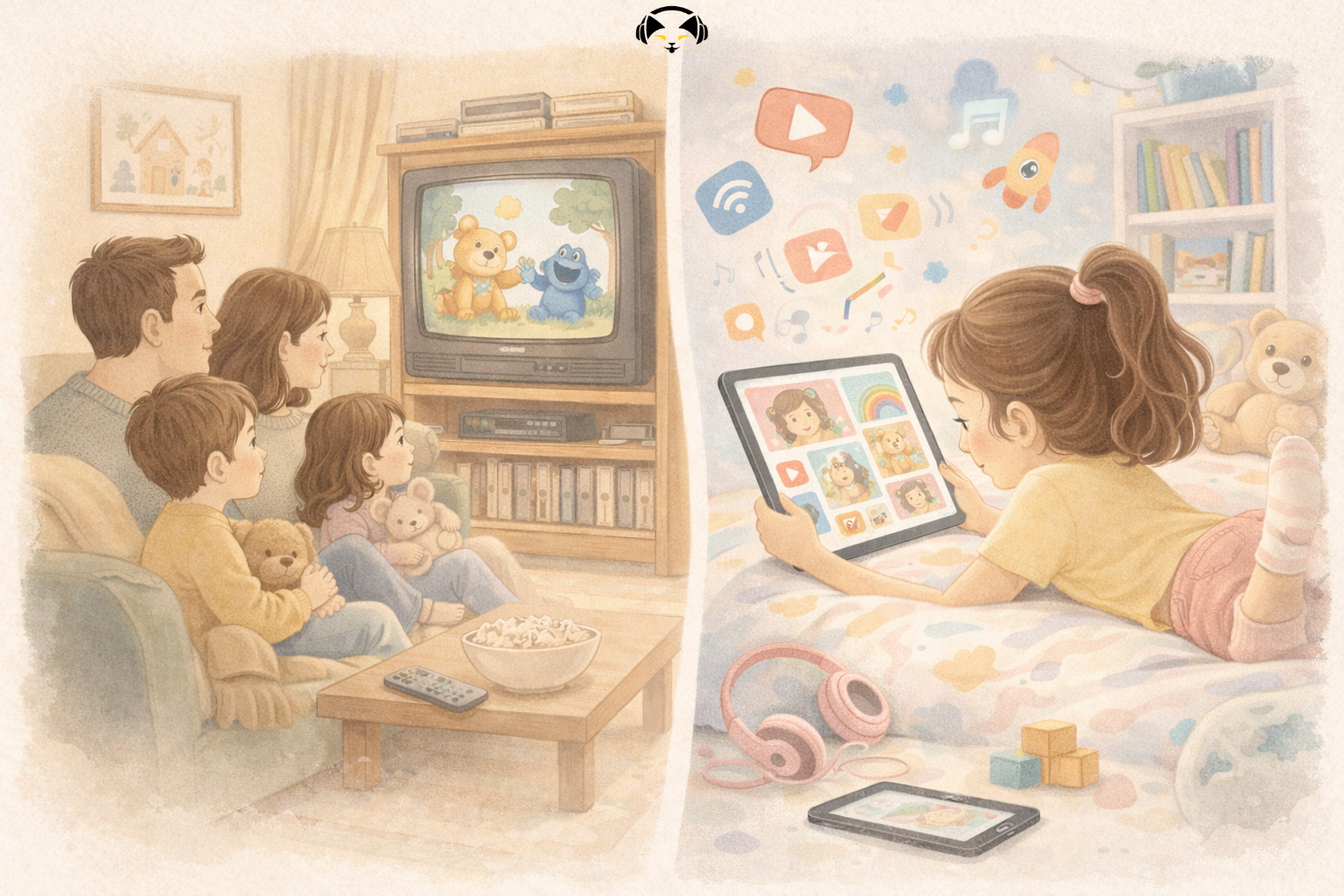 Vergleich Kinderfernsehen früher und Streaming heute – Illustration zur Mediennutzung von Kindern.